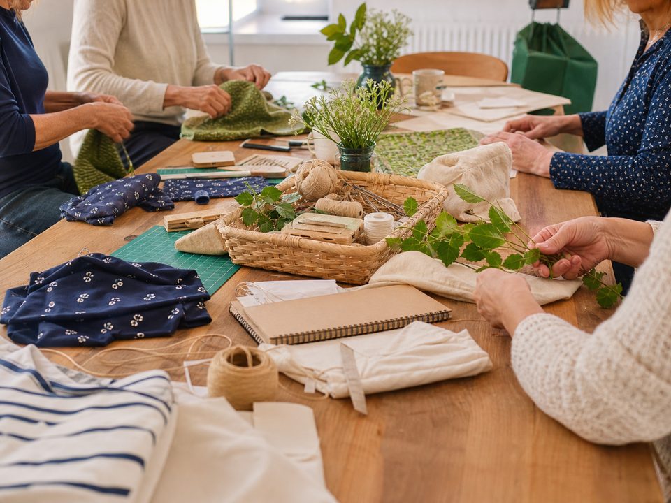 Atelier participatif avec matériel créatif et mains au travail.