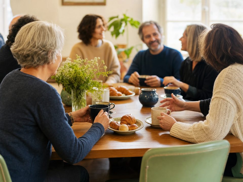 Habitants réunis autour d'un café et de viennoiseries.