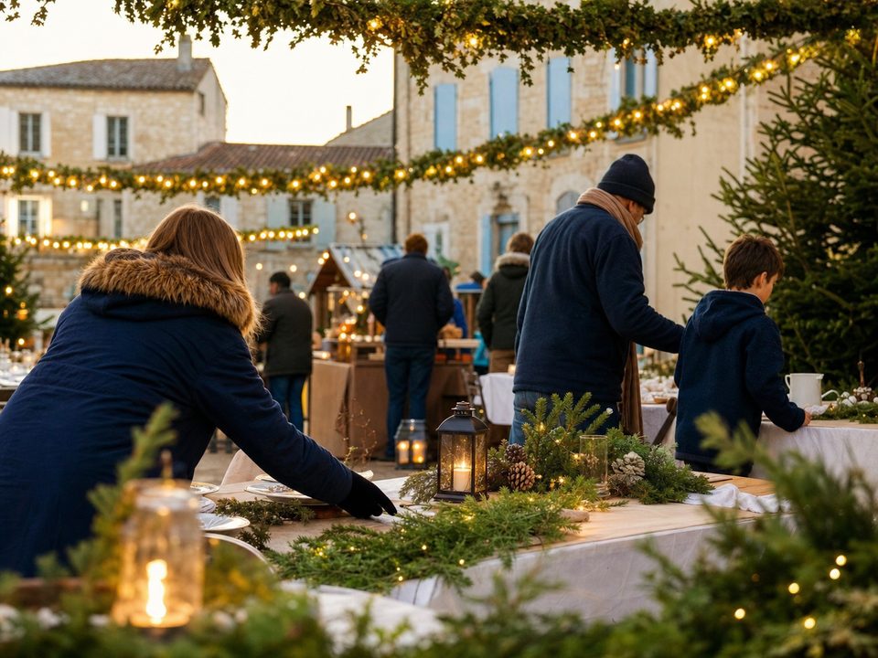 Préparation d'un événement saisonnier avec tables décorées et guirlandes.