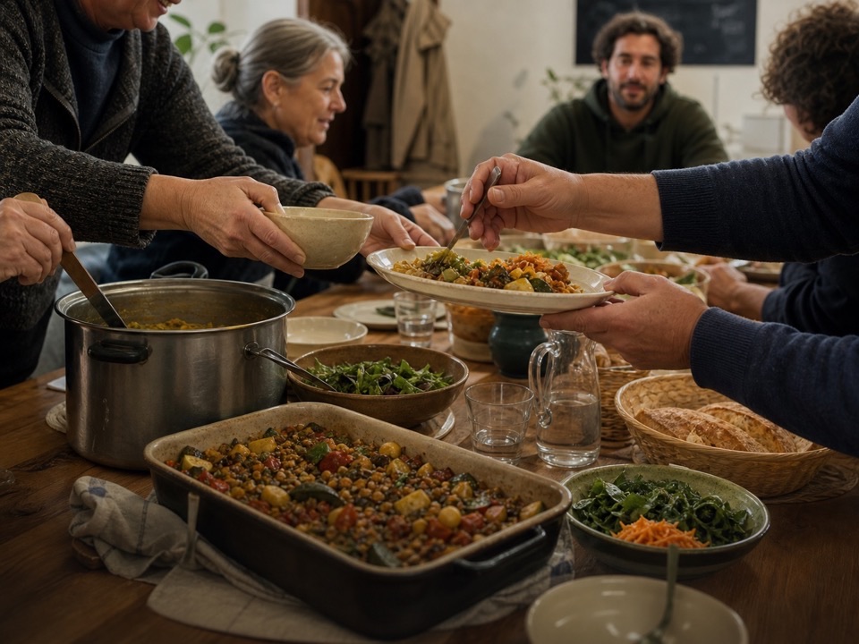 Repas solidaire préparé ensemble autour d'une table conviviale.
