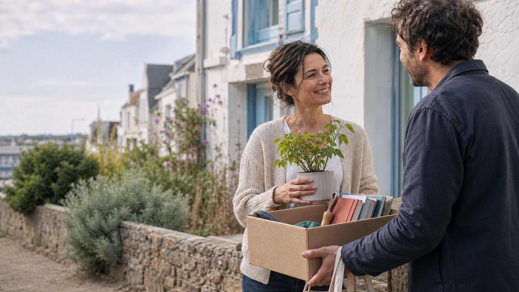 Deux voisins échangent une plante et un carton contenant des livres et quelques objets utiles.